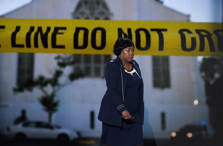 Polly Sheppard, one of the three survivors of the Mother Emanuel Church shooting in Charleston, SC, arrives to address the third evening session of the Democratic National Convention at the Wells Fargo Center in Philadelphia, Pennsylvania, July 27, 2016.