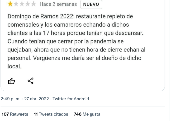 Reseña en Google a un restaurante.