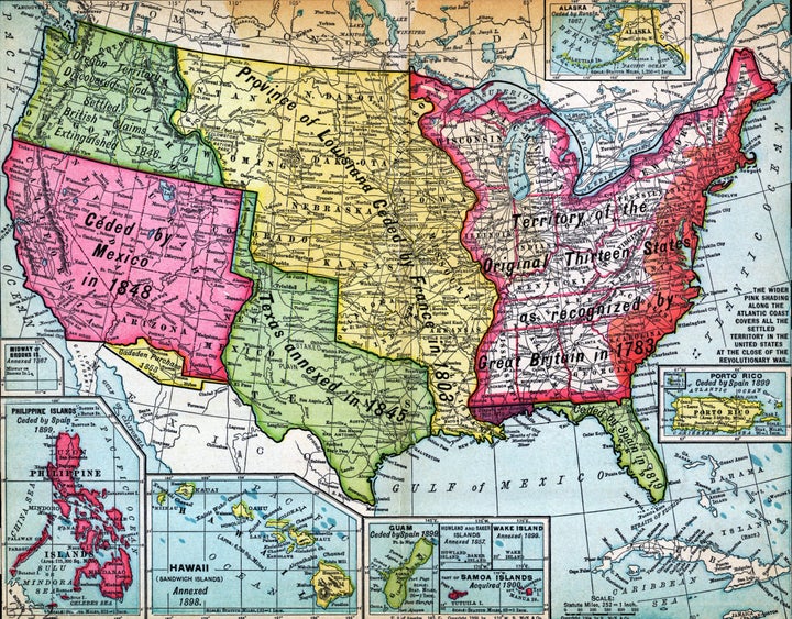 A map of the United States and its possessions shows territorial growth from the original 13 Colonies up to the inclusion of the islands of American Samoa.