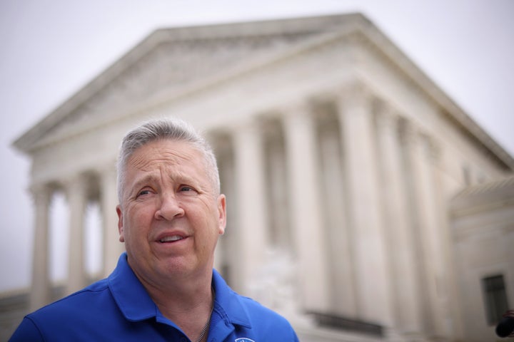 Former Bremerton High School assistant football coach Joe Kennedy answers questions after his legal case, Kennedy vs. Bremerton School District, was argued before the Supreme Court on April 25, 2022. Kennedy was terminated from his job by Bremerton public school officials in 2015 after refusing to stop his on-field prayers after football games. 