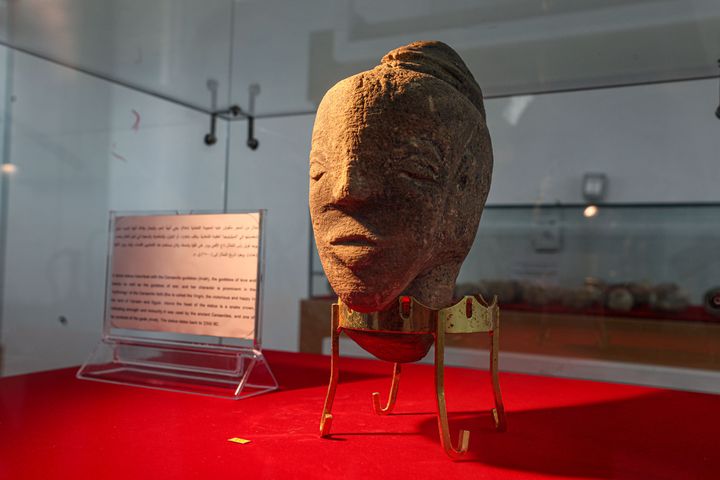 A sculpture of Canaanite goddess 'Anat' is displayed in Gaza City after a Palestinian farmer found the rare 4,500-year-old stone sculpture while working his land in Khan Yunis. (Photo by Mustafa Hassona/Anadolu Agency via Getty Images)