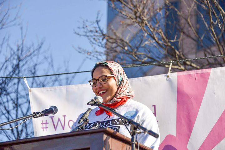 Nida Allam speaks at a Women's March rally in Durham, North Carolina. She has spoken about undergoing an abortion for health reasons and is on the board of Planned Parenthood South Atlantic.