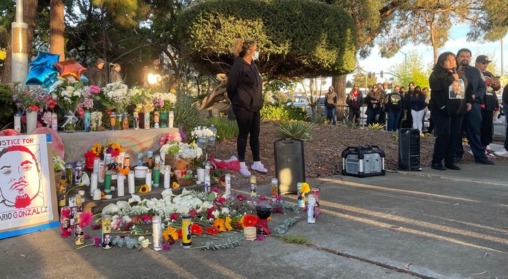 Mario's mother, Edith, and brother Jerry speak at a vigil April 19, one year after Mario died during an arrest in Alameda, California.