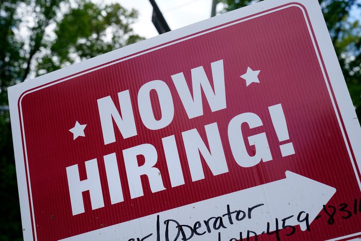 A "now hiring" sign is posted in Garnet Valley, Pa., Monday, May 10, 2021. (AP Photo/Matt Rourke, File)