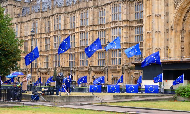 Pro-Remain EU flags on College Green opposite the British Parliament, October 2019.