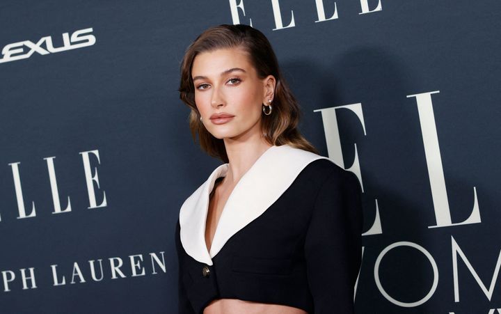 Hailey Bieber arrives to attend Elle's 27th Annual Women In Hollywood celebration on Oct. 19, 2021, in Los Angeles.