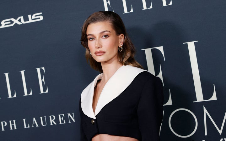 Hailey Bieber arrives to attend Elle's 27th Annual Women In Hollywood celebration on Oct. 19, 2021, in Los Angeles.
