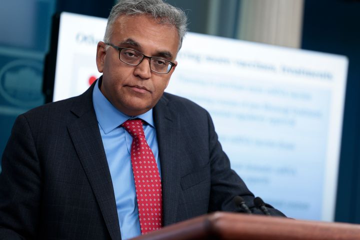 White House Coronavirus Response Coordinator Dr. Ashish Jha listens to a question at a daily press conference at the White House on April 26.