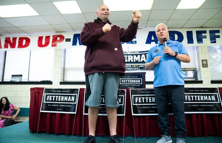 Lt. Gov. John Fetterman (left) is running for the U.S. Senate and arguing that his ties to rural areas of Pennsylvania make him the most electable in the general election.