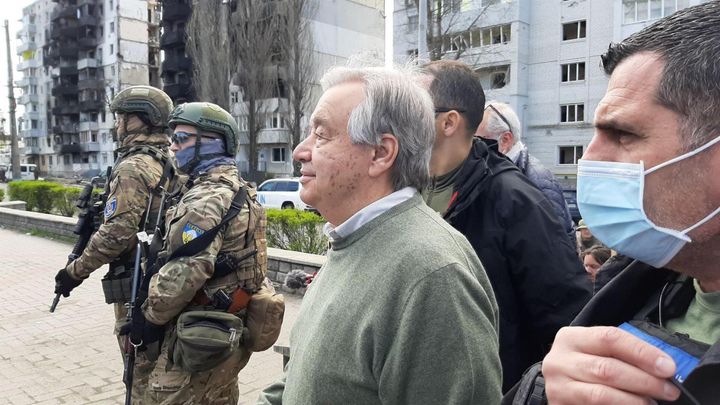 El secretario general de Naciones Unidas, António Guterres, durante su visita a Kiev.