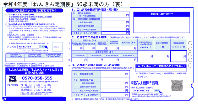 50歳未満の人に送付される「ねんきん定期便」のサンプル