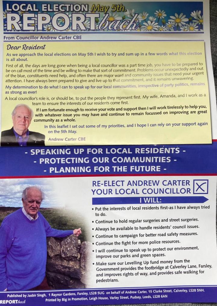 Andrew Carter, Tory leader on Leeds City Council, makes no mention of his party.