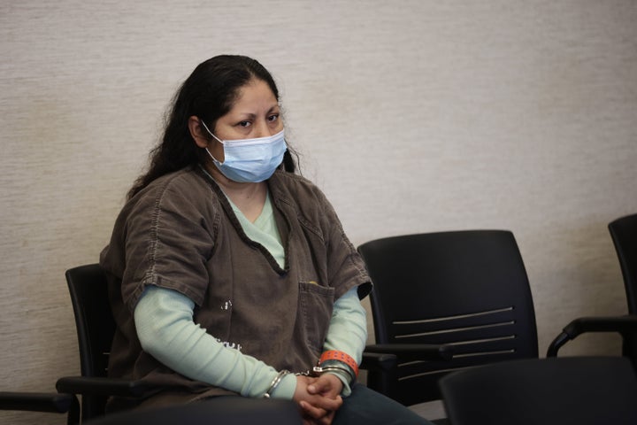Yesenia Guadalupe Ramirez, one of two suspects charged in connection with the kidnapping of a 3-month-old baby in San Jose, appears for her arraignment hearing at the Santa Clara County Hall of Justice on April 28, 2022, in San Jose, Calif.