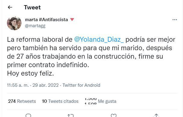 El tuit al que ha respondido Yolanda Díaz.