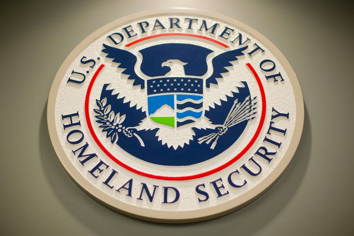 The Homeland Security logo is seen during a joint news conference in Washington on February 25, 2015.
