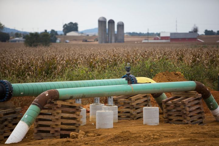 Two Transco pipelines used for transporting natural gas at the edge of a cornfield in Lebanon, Pennsylvania, in 2017. 