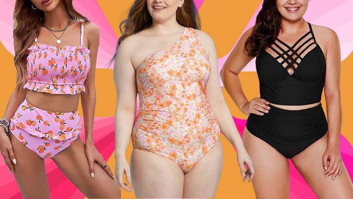 Prep your summer suitcase with this fruit print bandeau set, this floral one shoulder swimsuit and a high waist two piece with a strappy top. 