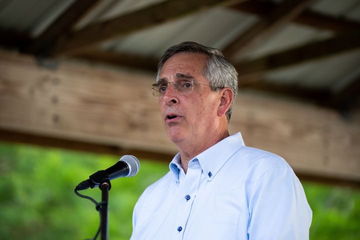 Georgia Secretary of State Brad Raffensperger speaks at the Law Enforcement Appreciation Cookout held at Wayne Dashers pond house in Glennville, Ga., on Thursday, April 14, 2022. The annual event, paused during the pandemic, draws Republican politicians from around the state.