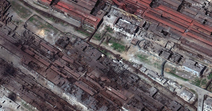 RUSSIANS INVADE UKRAINE -- APRIL 29, 2022: Maxar satellite imagery closer view of the Azovstal Steel Plant in Mariupol, Ukraine. Sequence -- 3 of 12 images. 20apr2022_WV3. Please use: Satellite image (c) 2022 Maxar Technologies.