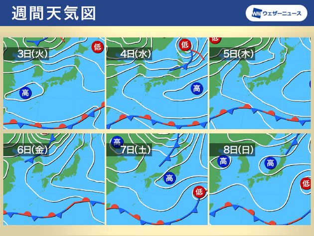 週間予想天気図　5月3日(火)～8日(日)