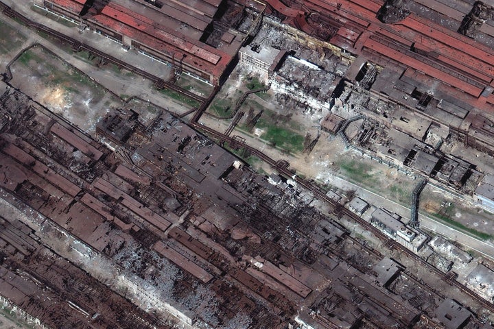 This satellite image provided by Maxar Technologies shows a view of Azovstal steel plant in Mariupol, Ukraine, on April 29, 2022.