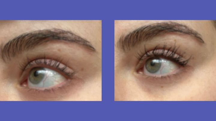Left: My lashes at the start of a growth cycle using Lash Boost, when they are at their shortest. Right: My lashes in the same cycle, with just a single coat of mascara.