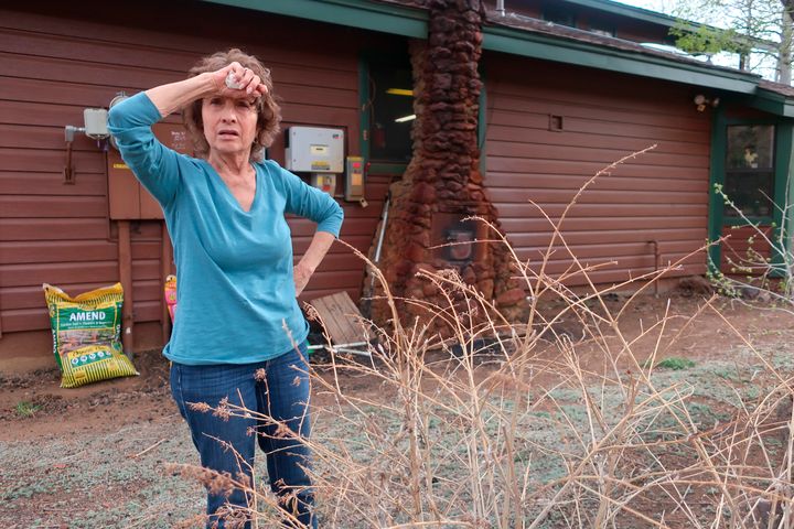 Polly Velie stands outside her home north of Flagstaff, Arizona, Tuesday, April 26, 2022, looking out toward the property line where a massive wildfire swept through. The blaze that started on Easter Sunday burned about 30 square miles and more than a dozen homes, hopscotching across the parched landscape.