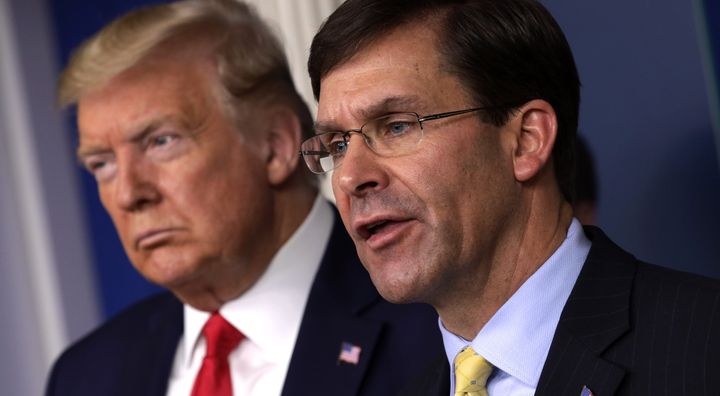 U.S. Secretary of Defense Mark Esper speaks during a news briefing with President Donald Trump at the White House on March 18, 2020.