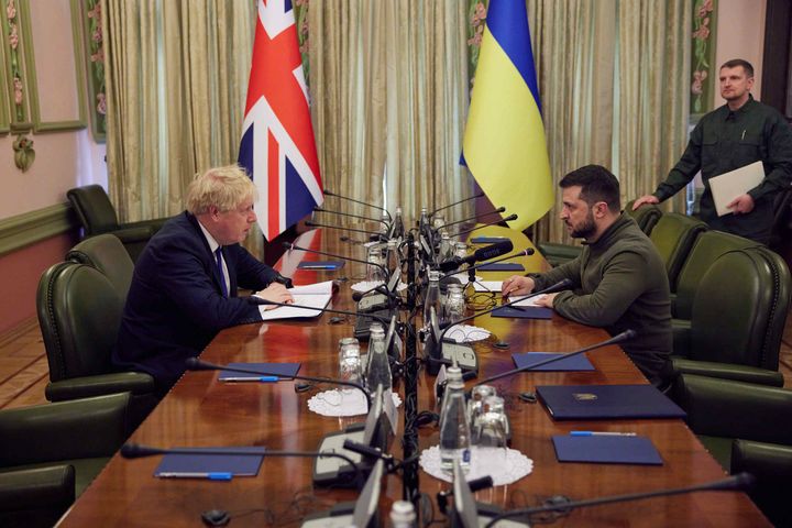 Boris Johnson during talks with president of Ukraine Volodymyr Zelenskyy, during his visit to Kyiv in April.