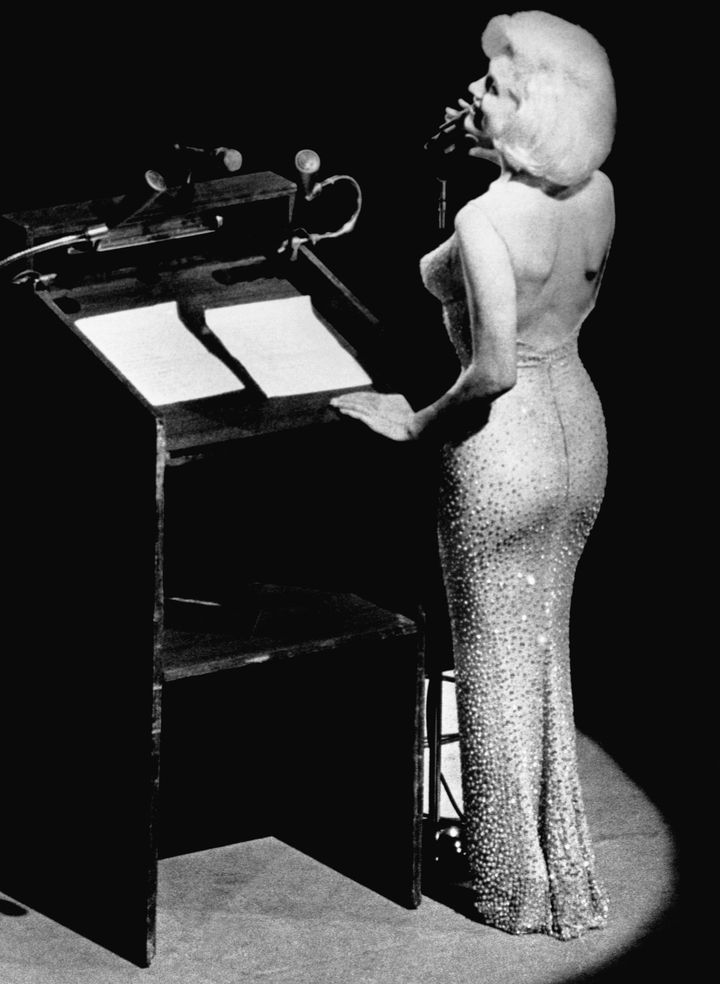 Actress Marilyn Monroe sings "Happy Birthday" to President John F. Kennedy at Madison Square Garden in 1962.