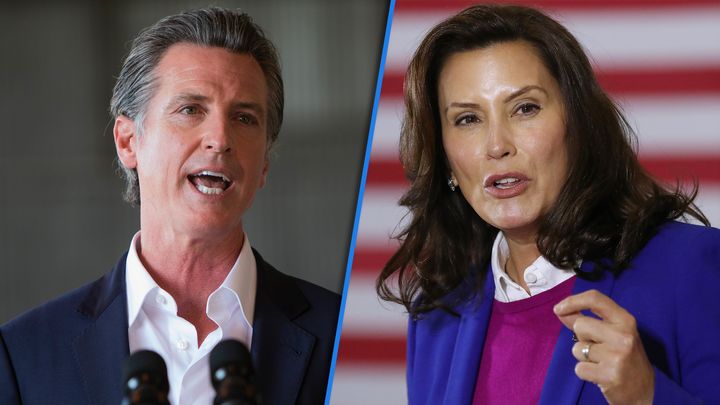 California Gov. Gavin Newsom, left, and Michigan Gov. Gretchen Whitmer are both asking for federal money to keep nuclear plants in their states open.