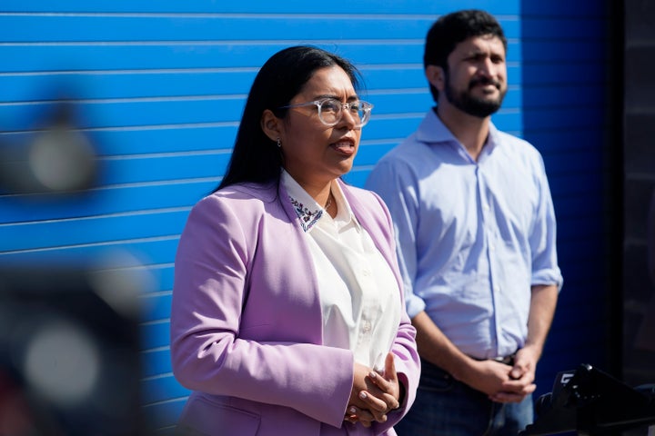 Greg Casar, right, speaks to the press alongside fellow Texas progressive Jessica Cisneros. A pro-Israel super PAC is spending big sums against Cisneros, but Casar escaped unscathed.