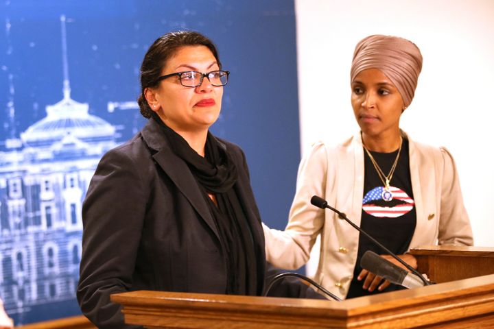 The 2018 election of Reps. Rashida Tlaib (D-Mich.), left, and Ilhan Omar (D-Minn.) increased pro-Palestinian sentiment in Congress and scared right-leaning pro-Israel groups.