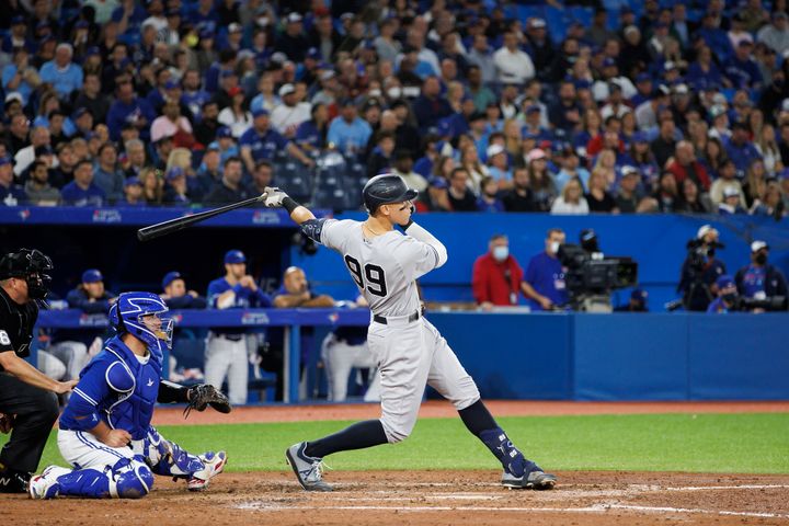 Yankees slugger Aaron Judge bats against the Blue Jays in Toronto on May 3, 2022. 