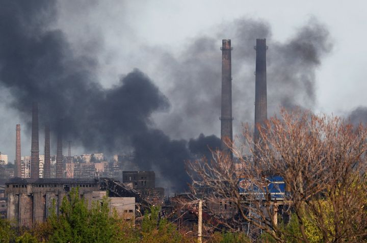 Smoke rises above the Azovstal Iron and Steel Works in Mariupol, Ukraine following Russian shelling.