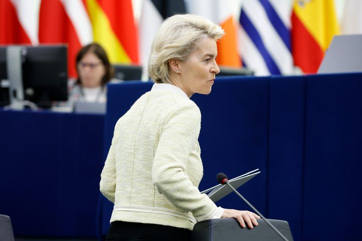 European Commission President Ursula von der Leyen walks to deliver her speech during a debate on the social and economic consequences for the EU of the Russian war in Ukraine, on May 4, 2022 at the European Parliament in Strasbourg, eastern France.