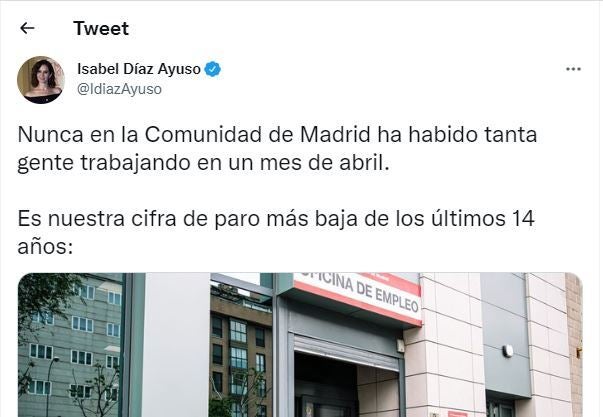 El tuit de Ayuso sobre el paro.