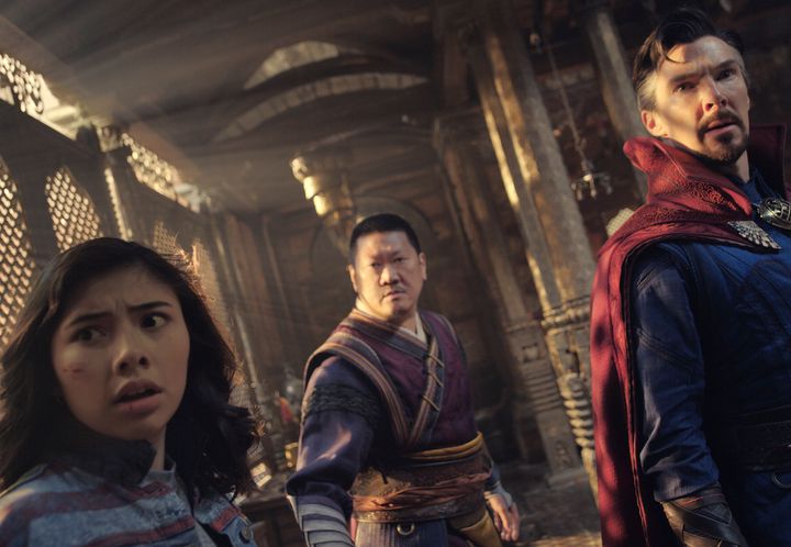 Xochitl Gomez as America Chavez, Benedict Wong as Wong, and Benedict Cumberbatch as Dr. Stephen Strange in a scene from "Doctor Strange in the Multiverse of Madness." (Marvel Studios via AP)