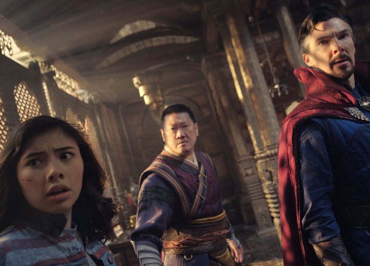 Xochitl Gomez as America Chavez, Benedict Wong as Wong, and Benedict Cumberbatch as Dr. Stephen Strange in a scene from "Doctor Strange in the Multiverse of Madness." (Marvel Studios via AP)