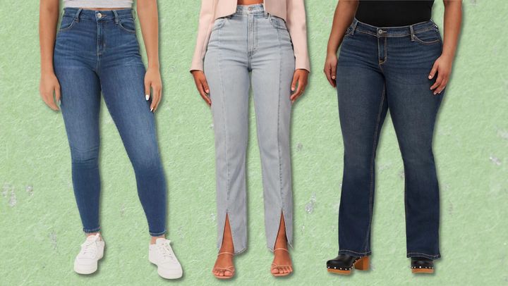 AE Ne(x)t Level curvy high-waisted jegging, A&F Curve Love ultra high rise '90s straight jeans and Torrid luxe slim boot jeans.