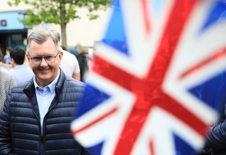 Jeffrey Donaldson, leader of the Democratic Unionist Party, smiles while out canvassing in Holywood on the outskirts of Belfast, Northern Ireland.