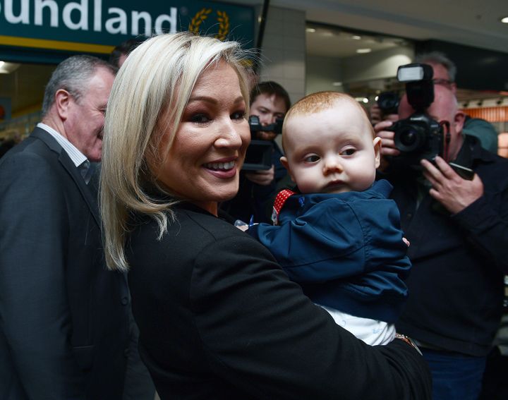 Sinn Fein northern leader Michelle O'Neill meets members of the public as she canvesses at Kennedy shopping centre in Belfast.