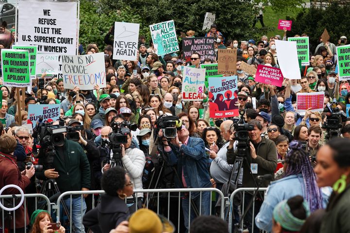 Thousands of protesters gather at Foley Square in New York City on May 3, 2022, after the leak of a draft majority opinion by the Supreme Court to overturn the landmark abortion decision in Roe v. Wade. 