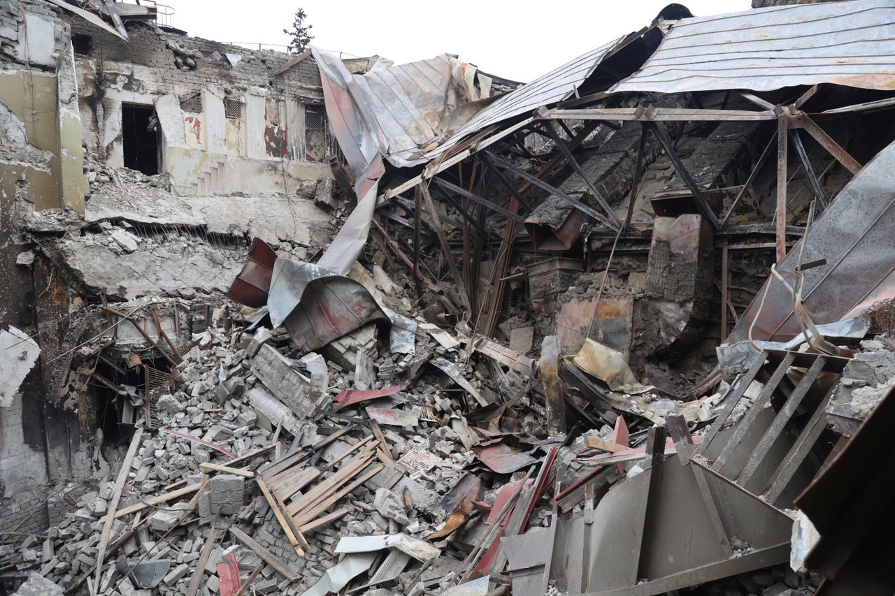 A view of the theater in Mariupol, Ukraine that was damaged by Russian airstrikes in March.