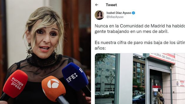 Yolanda Díaz y el tuit de Ayuso al que se ha referido.