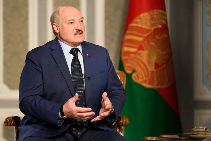 Belarus President Alexander Lukashenko speaks during an interview with The Associated Press at the Independence Palace in Minsk, Belarus, on May 5, 2022. 