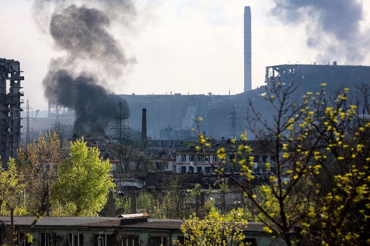 Smoke rises from the Metallurgical Combine Azovstal successful Mariupol, successful territory nether the authorities of the Donetsk People's Republic, eastbound Ukraine, connected May 4, 2022.