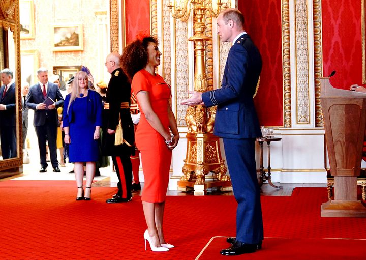 Mel B is made a MBE (Member of the Order of the British Empire) by Prince William during an investiture ceremony at Buckingham Palace