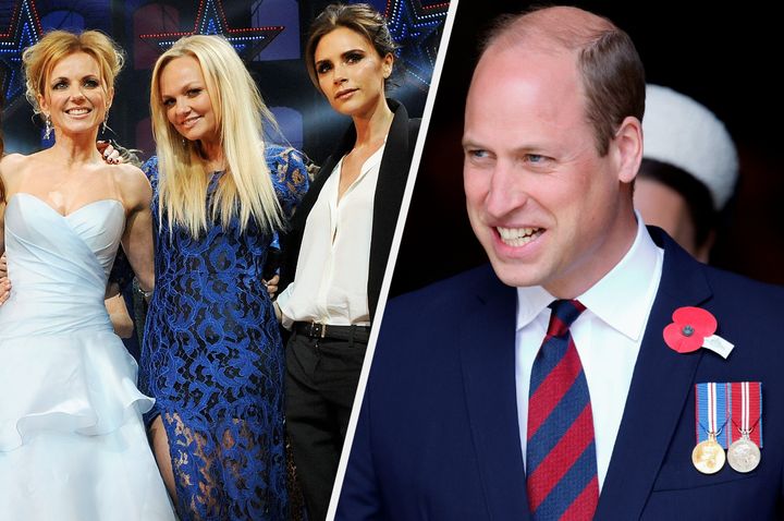 (L-R) Geri, Emma and Victoria of the Spice Girls and Prince William.