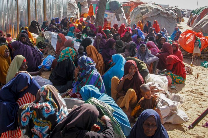 Somalis who fled drought-stricken areas sit at a makeshift camp on the outskirts of the capital Mogadishu, Somalia on Feb. 4, 2022.